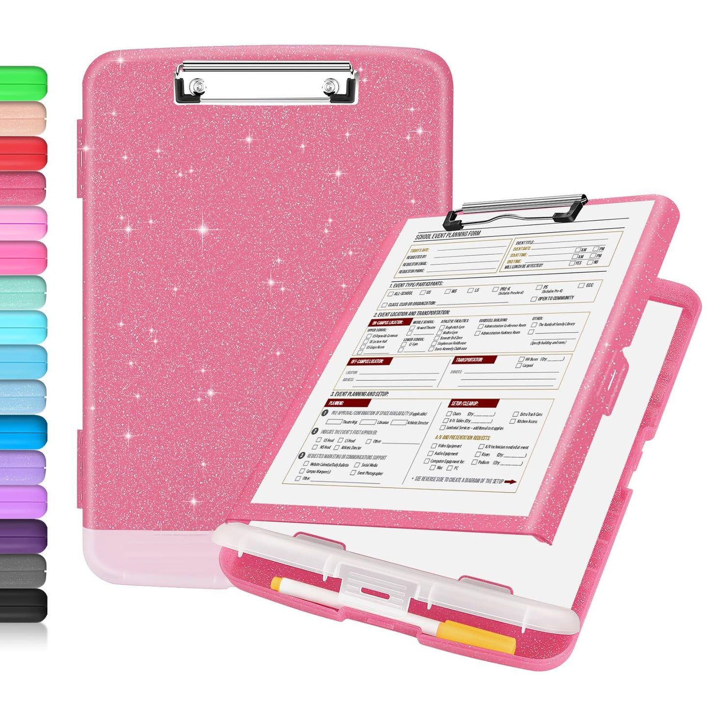 Sooez Glitter Clipboard with Storage, High Capacity Clip Boards 8.5x11 with Pen Holder, Cute Clipboards with Low Profile Clip, Sparkle Plastic Organizer Case Box for Women &amp;amp; Kids, Side Opening