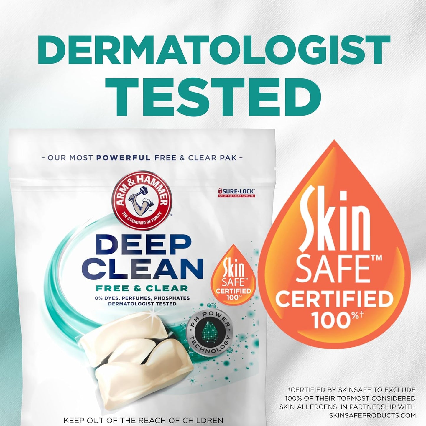 ARM_&_HAMMER_Deep_Clean_Free_&_Clear_Laundry_Detergent_Power_Paks,_Free_of_Dyes_and_Perfumes,_Dermatologist_Tested,_32_Count