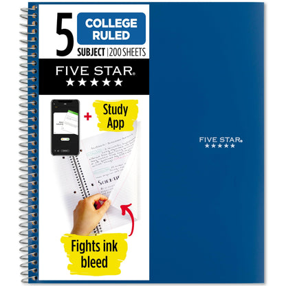 Five Star Spiral Notebook + Study App, 5 Subject, College Ruled Paper, 8-1/2&amp;#34; x 11&amp;#34;, 200 Sheets, Fights Ink Bleed, Water Resistant Cover, Pacific Blue (73635)