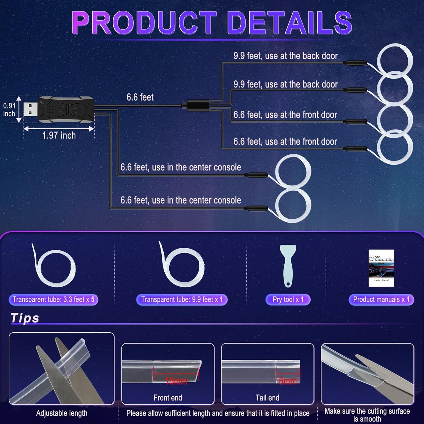 LivTee_Smart_LED_Car_Lights_Interior_with_USB_Port,_LED_Strip_Fiber_Optic_Ambient_Lighting_Car,_Wireless_App_Control,_Sync_to_Music,_Car_Decorations_Interior_Accessories_Gifts_for_Women_Men