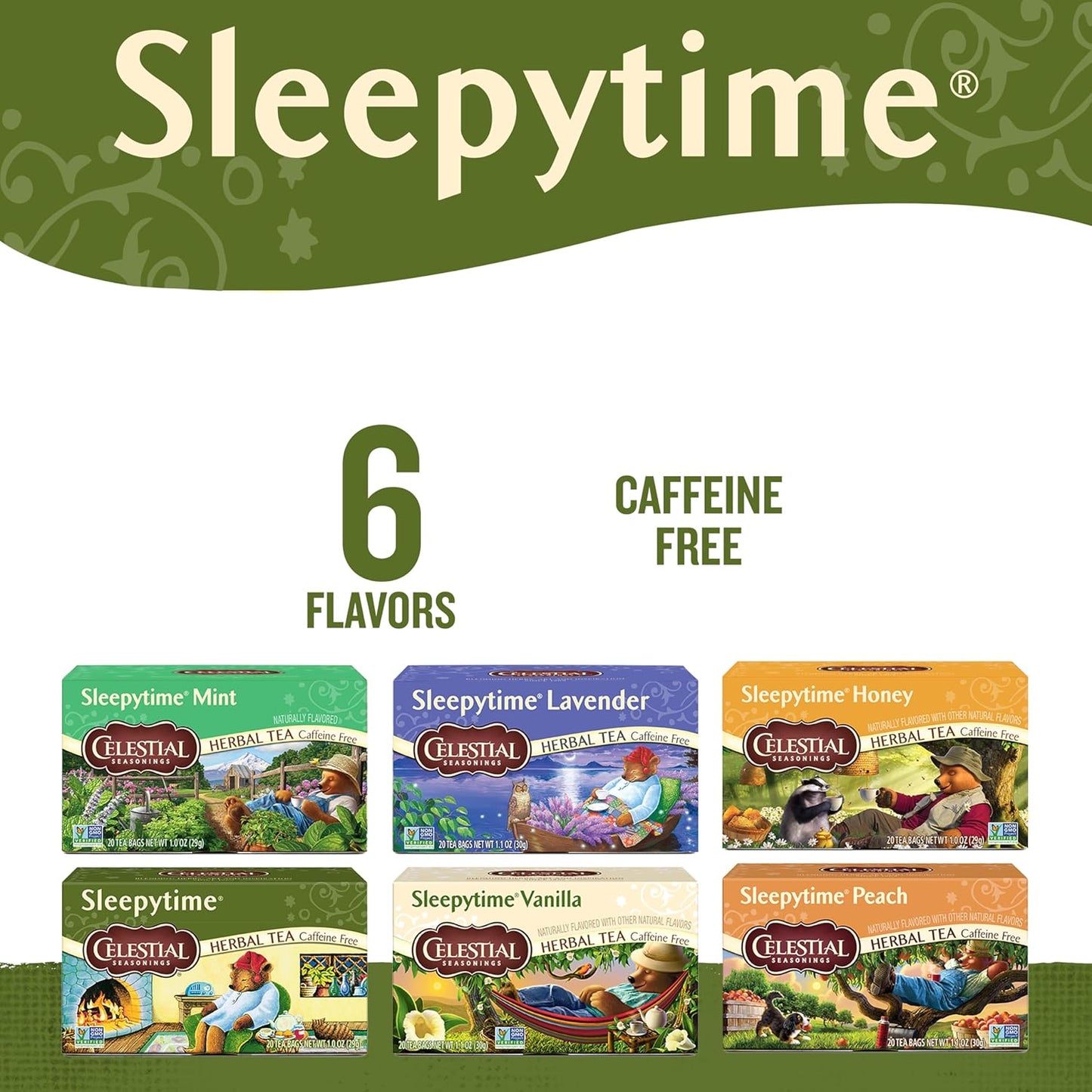 Celestial_Seasonings_Sleepytime_Herbal_Tea,_Variety_Pack_-_Caffeine_Free_Sleep_Tea,_20_Tea_Bags_Per_Box_(Pack_of_6)