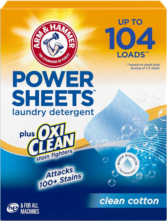 ARM_&_HAMMER_Power_Sheets_Laundry_Detergent_Plus_OxiClean_Stain_Fighters,_Clean_Cotton_Scent,_52_Count,_104_Medium_Loads