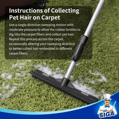 MR.SIGA_Pet_Hair_Removal_Rubber_Broom_with_Built_in_Squeegee,_3_in_1_Floor_Brush_for_Carpet,_61_inch_Adjustable_Handle,_Includes_1_Microfiber_Cloth_for_Floor_Dusting