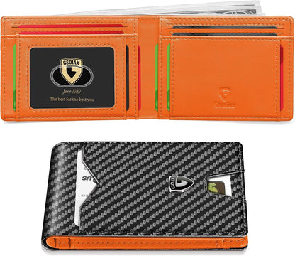 GSOIAX_Slim_Wallet_for_Men_Rfid_Blocking_Leather_Bifold_Front_Pocket_Carbon_Fiber_Credit_Card_Holder_Stocking_Stuffers_With_Gift_Box_(Carbon_Black_and_Orange)