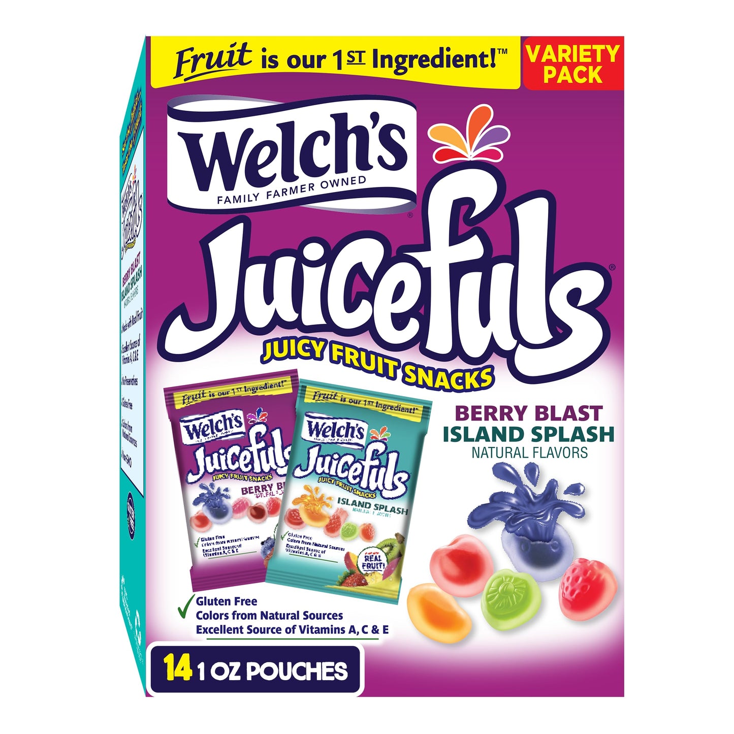 Welch&amp;#39;s Juicefuls Juicy Fruit Snacks, Berry Blast &amp;amp; Island Splash, Fruit Gushers, Bulk Pack, Individual Single Serve Bags, 1 oz (Pack of 14)