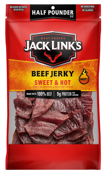 Jack Link&amp;#39;s Beef Jerky Half Pounder - Sweet &amp;amp; Hot - 100% Real Beef - Ready to Eat Real Meat Protein Snacks - 9g Protein per Serving - 8 oz Large Jerky Bag