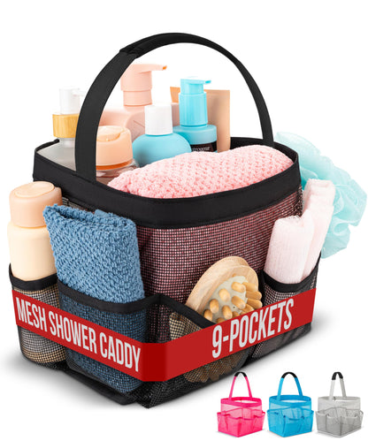 Masirs Shower Caddy Mesh - 9 Pocket Portable Bathroom Organizer Tote for Travel, Gym &amp;amp; Dorm - Collapsible Small Shower Caddy Bag to Hold Toiletries &amp;amp; Essentials (Black)