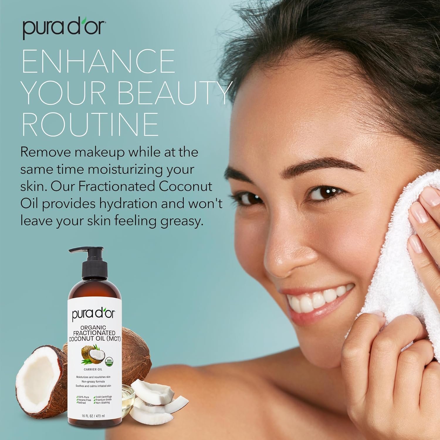 PURA_D'OR_16_Oz_ORGANIC_Fractionated_Coconut_Oil_–_USDA_Certified_–_MCT_Oil_–_Therapeutic,_Hydrating,_Lightweight_Moisturizer_–_Hexane_Free_Carrier_Oil_For_Essential_Oils_&_Massage_–_Face,_Hair_&_Body
