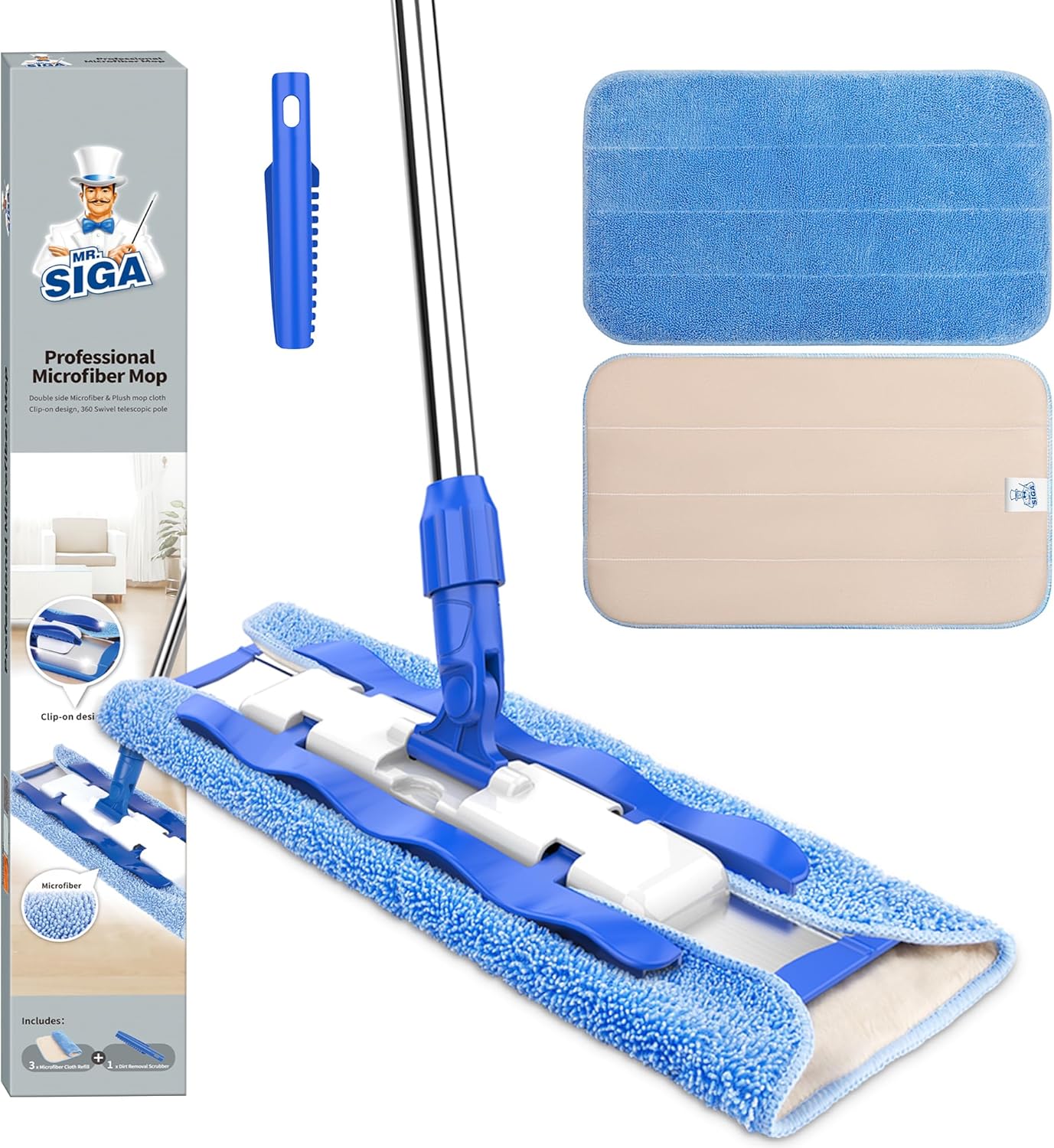 MR.SIGA_Professional_Microfiber_Mop_for_Hardwood,_Laminate,_Tile_Floor_Cleaning,_Stainless_Steel_Telescopic_Handle_-_3_Reusable_Flat_Mop_Refills_and_1_Dirt_Removal_Scrubber_Included