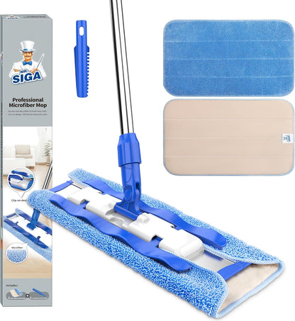 MR.SIGA_Professional_Microfiber_Mop_for_Hardwood,_Laminate,_Tile_Floor_Cleaning,_Stainless_Steel_Telescopic_Handle_-_3_Reusable_Flat_Mop_Refills_and_1_Dirt_Removal_Scrubber_Included