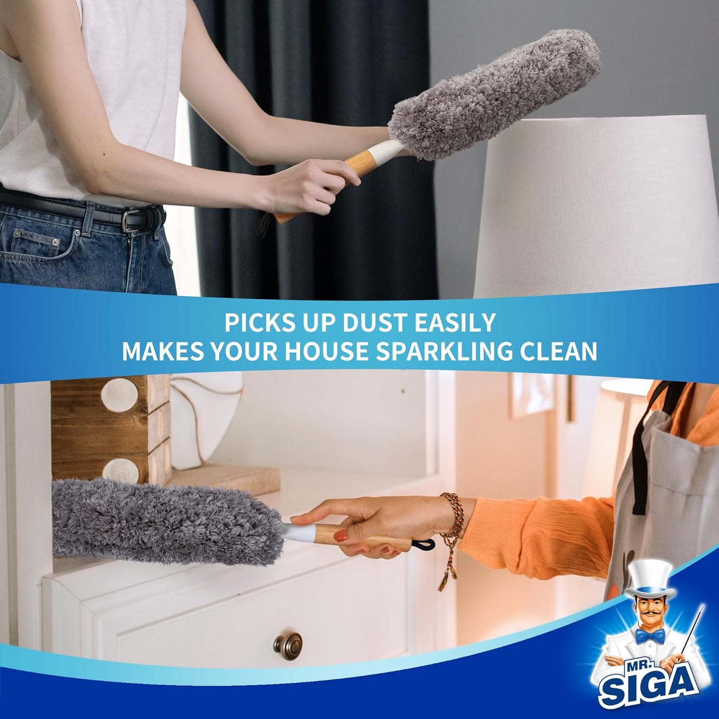 MR.SIGA_Lint_Free_Microfiber_Duster,_Washable_and_Reusable_Duster_with_Bamboo_Handle_and_Replaceable_Head,_Duster_for_Household_Cleaning