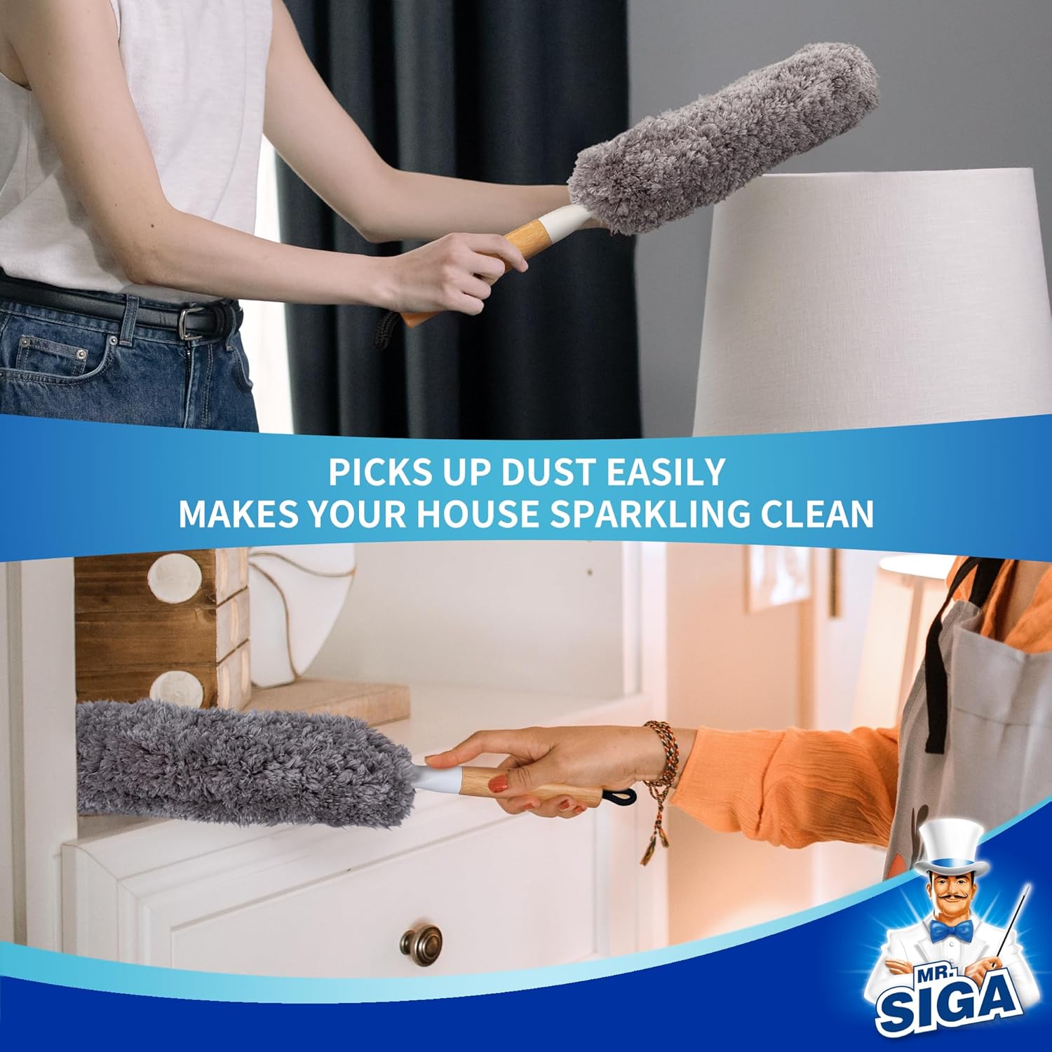 MR.SIGA_Lint_Free_Microfiber_Duster,_Washable_and_Reusable_Duster_with_Bamboo_Handle_and_Replaceable_Head,_Duster_for_Household_Cleaning