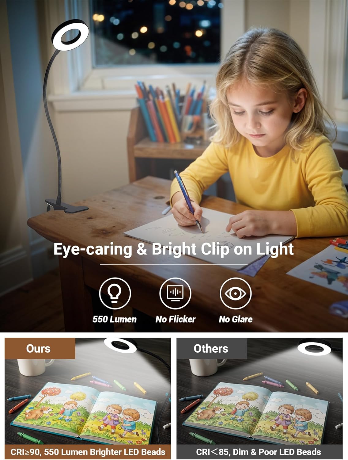 Clip_on_Lamp,5_Colors+10_Brightness_LED_Desk_Lamp_with_Clamp,550lm_Bright_Clip_on_Light_for_Bed_Headboard/Bedside_Table,360°Adjustable_Reading_Light_for_Bed,Desk_Lights_for_Home_Office_Study_[Adapter]