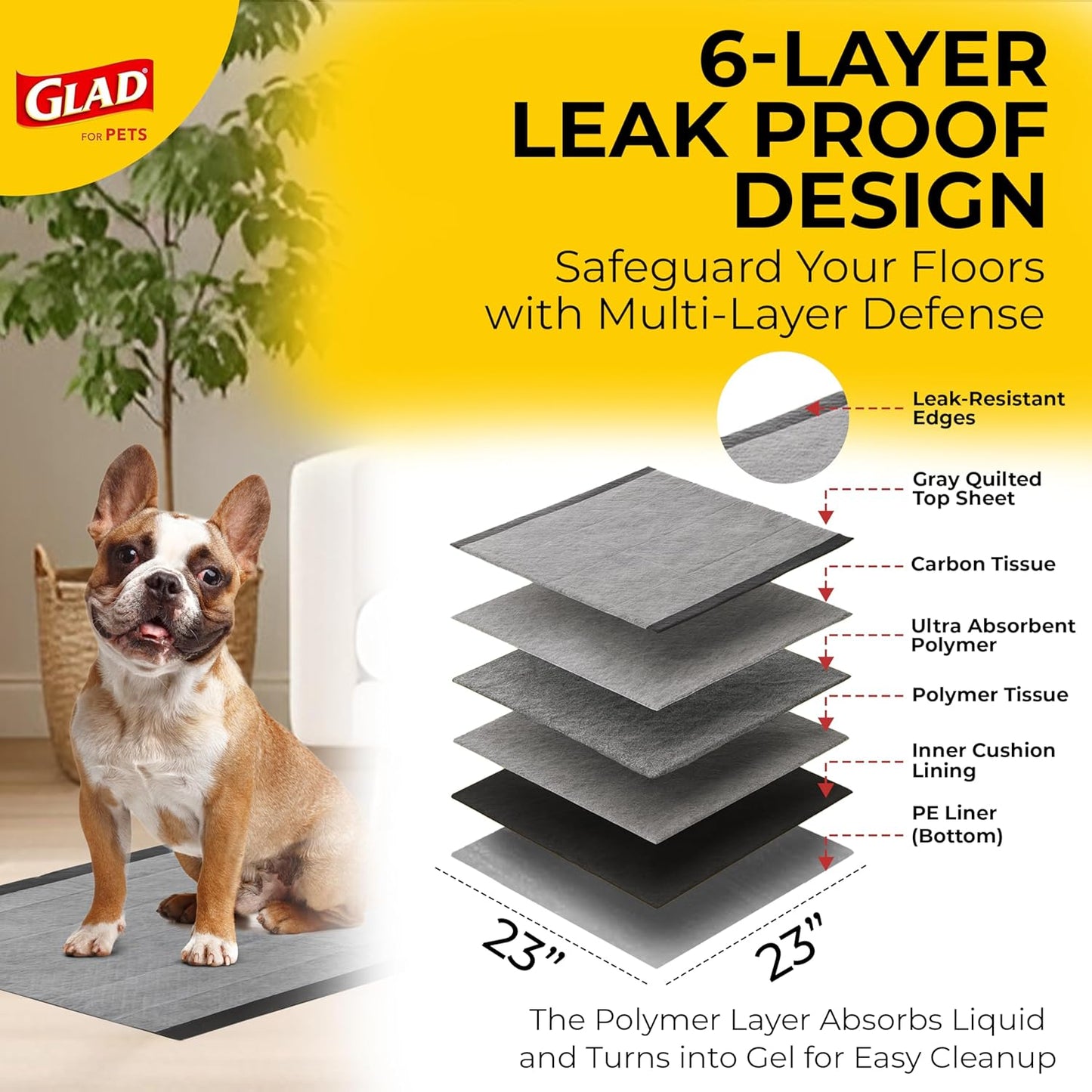 Glad_for_Pets_Black_Charcoal_Puppy_Pads_-_6-Layer_Leak-Proof_Construction,_Activated_Carbon_Odor_Control,_Pheromone_Attractant_-_Disposable_Dog_Pee_Pads_for_Potty_Training,_23_x_23_in,_100_Count