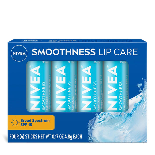 NIVEA_Smoothness_Lip_Care,_Sunscreen_Lip_Balm_with_SPF_15_Broad_Spectrum,_Shea_Butter,_Nourishing_Oils_and_Vitamin_C_&_E,_3-in-1_Moisture,_Repair_and_Sunscreen,_0.17_Oz_Stick,_Pack_of_4