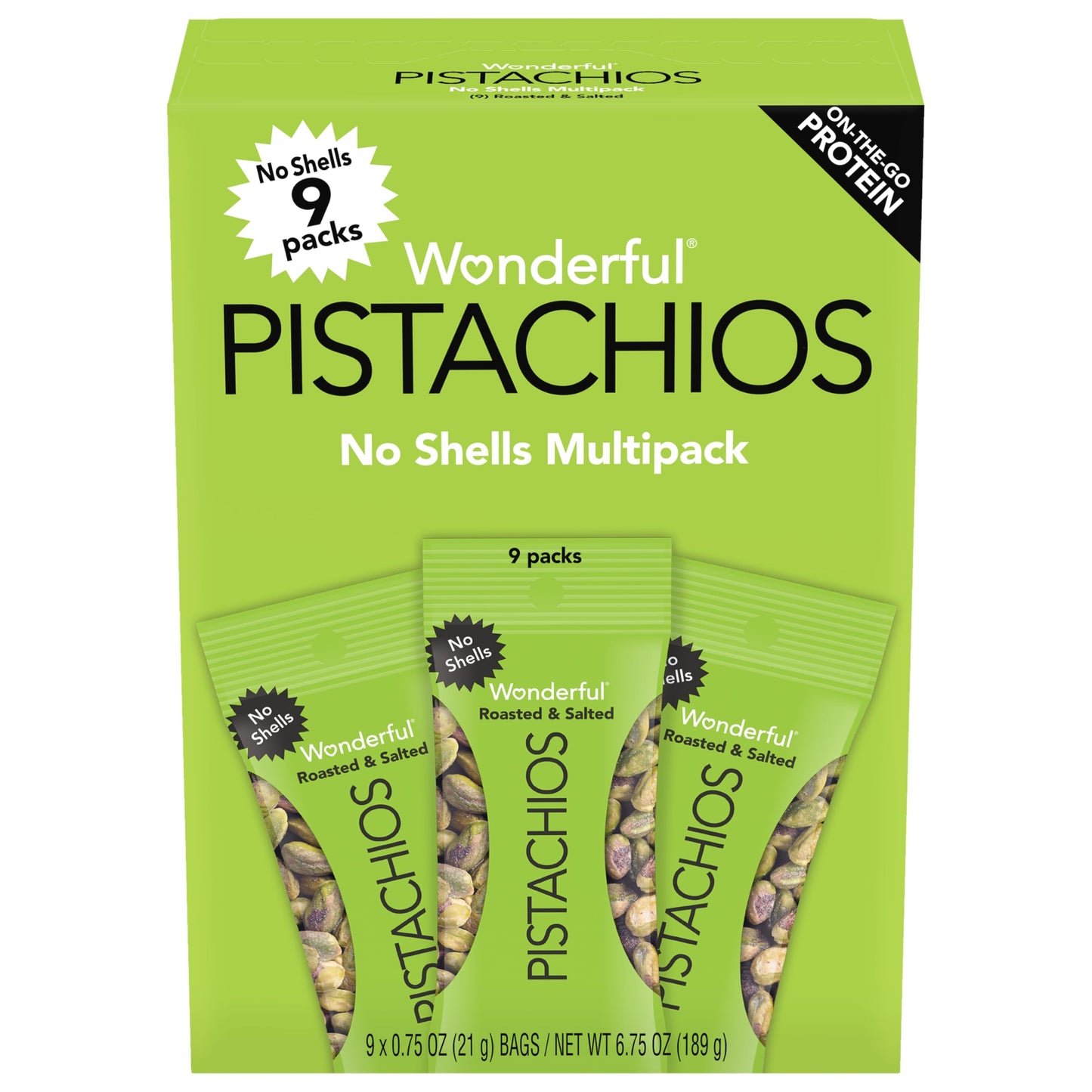 Wonderful Pistachios No Shells, Roasted &amp;amp; Salted Nuts, 0.75 Ounce Bag (Pack of 9), Protein Snacks, Gluten Free, On-the-Go, Individually Wrapped Snacks
