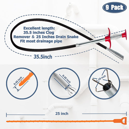 35.5inch_Drain_Clog_Remover(1pcs),_25inch_Drain_Snake_Hair_Remover(6pcs)_＆_Cleaning_Brush(2pcs),_Hair_Catcher_Drain_Auger_Cleaner_Tool_Set_For_Toilet,_Kitchen_Sink,_Bathroom_Tub,_Sewer,_9_Pack