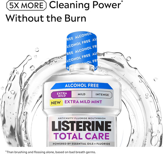 Listerine_Mouthwash_Total_Care_Anticavity_Treatment_for_Adults_Kills_99.9%_of_Bad_Breath_Germs_Extra_Mild_Mint_No_Burn_Alcohol_Free_Fluoride_Mouthwash,_33.8_fl_oz