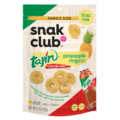 Snak Club Tajin Pineapple Rings Gummy Candy, Fruit Candy Gummies with Chili and Lime Seasoning, Mild, Gluten-Free and Vegan Snacks, 11 oz Resealable Bag