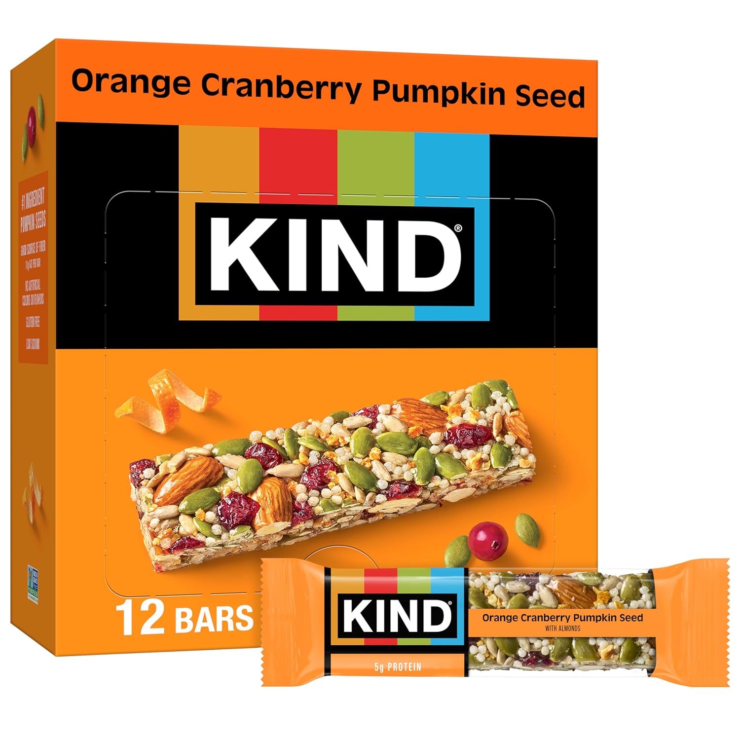 KIND_Healthy_Snacks_Bars,_Orange_Cranberry_Pumpkin_Seed,_Gluten_Free,_High_Fiber_Snacks,_5g_Protein,_12_Count