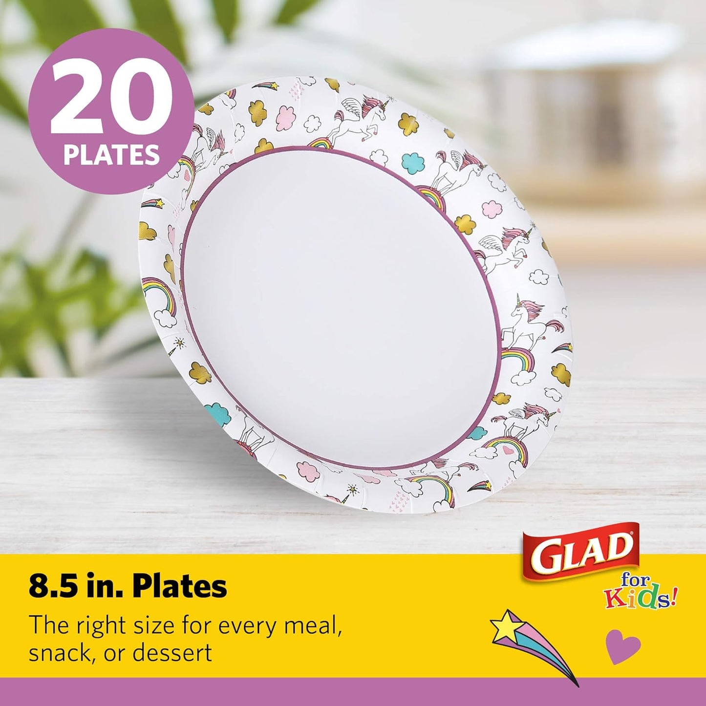 Glad_for_Kids_Unicorn_Theme_Disposable_Paper_Plates,_Heavy-Duty_Soak-Proof_Round_Plates_for_Kids_Birthdays,_Parties,_and_Everyday_Meals,_Microwave_Safe,_8.5_Inch,_20_Count