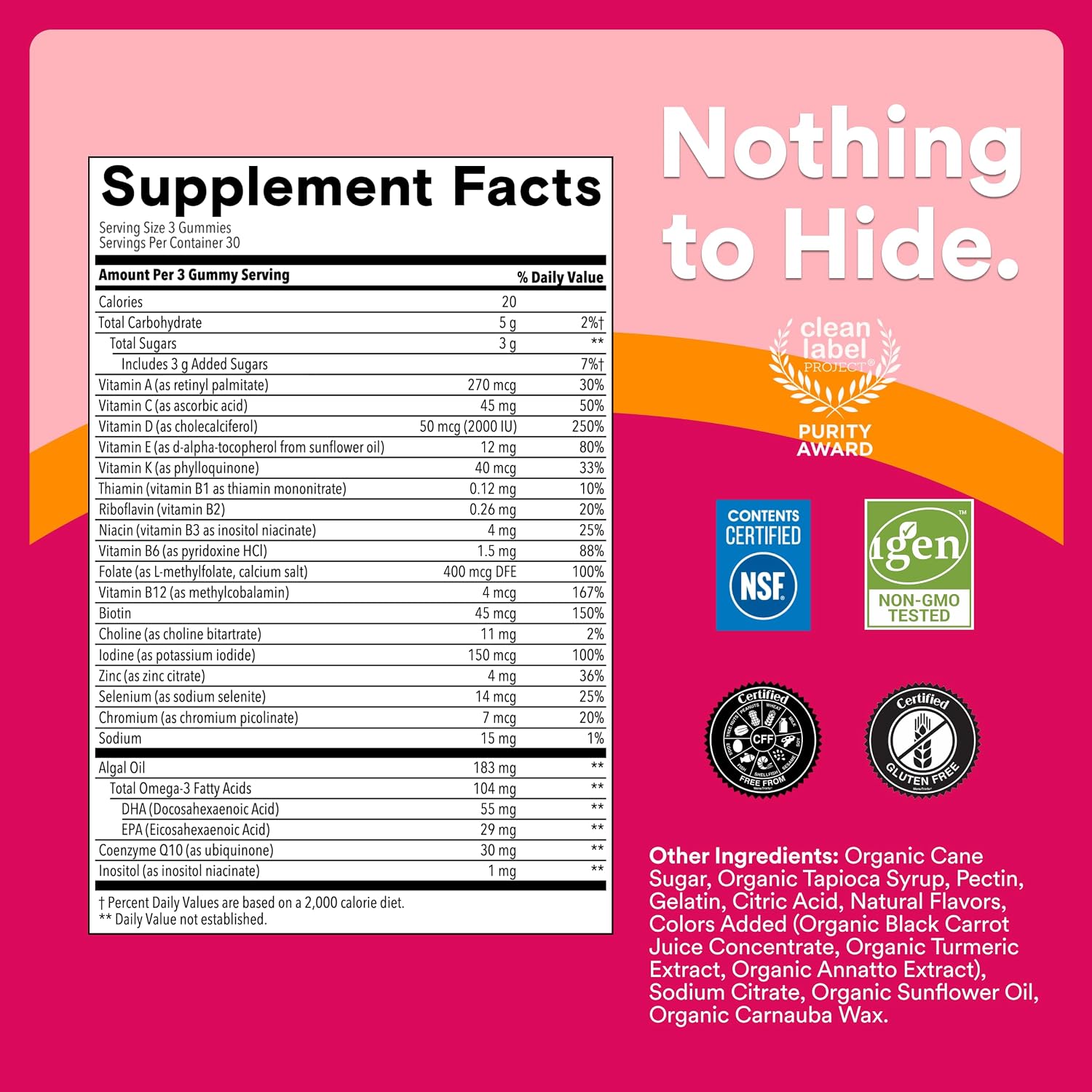 SmartyPants_Women's_Multivitamin_Gummies,_Omega_3_DHA/EPA,_Methylfolate,_CoQ10,_Vitamin_D3,_C,_B12,_B6,_A,_K,_Zinc,_Three_Fruit_Flavors,_90_Count_(30_Day_Supply)