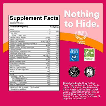 SmartyPants_Women's_Multivitamin_Gummies,_Omega_3_DHA/EPA,_Methylfolate,_CoQ10,_Vitamin_D3,_C,_B12,_B6,_A,_K,_Zinc,_Three_Fruit_Flavors,_90_Count_(30_Day_Supply)