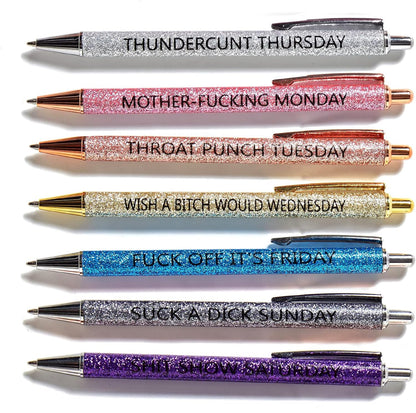 HLPHA 7pcs funny pens for adults, Seven Days of The Week Pen Describing Mentality,Glitter Ballpoint Pens,Black Ink Medium Point 1.0 mm Gift Pens, Cute Pens Office Supplies for Women