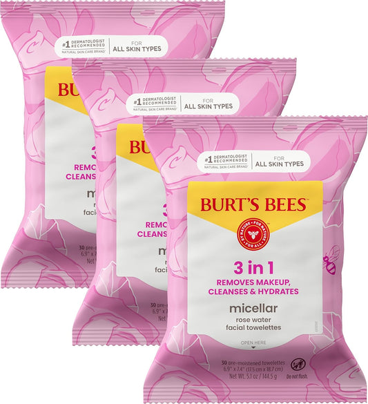 Burts_Bees_Micellar_Rose_Water_Facial_Towelettes,_100%_Plant_Based_Cloth;_99%_Natural_Origin;_Remove_Makeup,_Cleanse,_Hydrate;_No_Greasy,_Oily_Residue;_All_Skin_Types;_30_Ct,_Pack_of_3_(Pack_May_Vary)