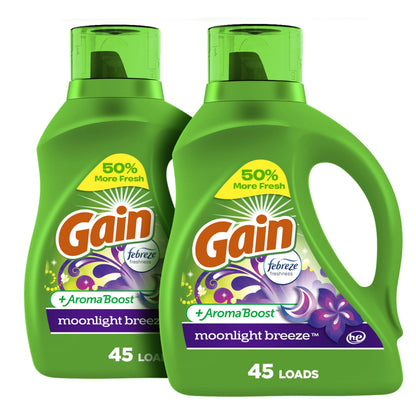 Gain Liquid Laundry Detergent with Odor Defense, Moonlight Breeze Scent, 65 FL OZ x 2, 45 x 2 Loads, Liquid Detergent And Laundry Soap For HE Washing Machines