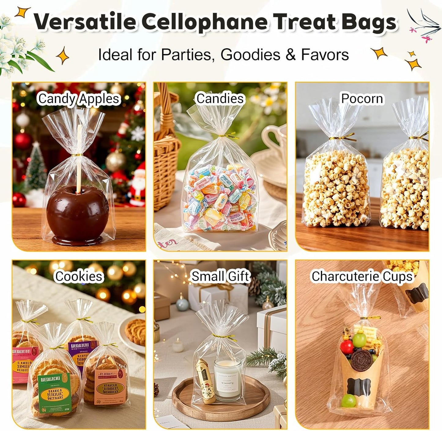 PigPotParty_Cellophane_Treat_Bags_6"x9",_50_Pack_Clear_Goodie_Bags,_2.4"_Bottom_Gusset_for_Stand-Up_Display,_Small_Plastic_Gift_Wrap_for_Cookies,_Candy,_Party_Favors,_Popcorn,_Includes_50_Gold_Ties