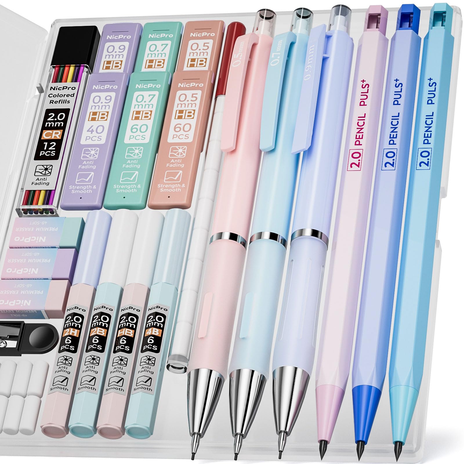 Nicpro 22PCS Pastel Mechanical Pencils Set in Case, Art Cute Drafting Pencil 0.5, 0.7, 0.9 mm, 2mm Lead Pencil Holders for Sketching Drawing With 11 Tube (4B 2B HB 2H Colors) Lead Refills, 3 Erasers