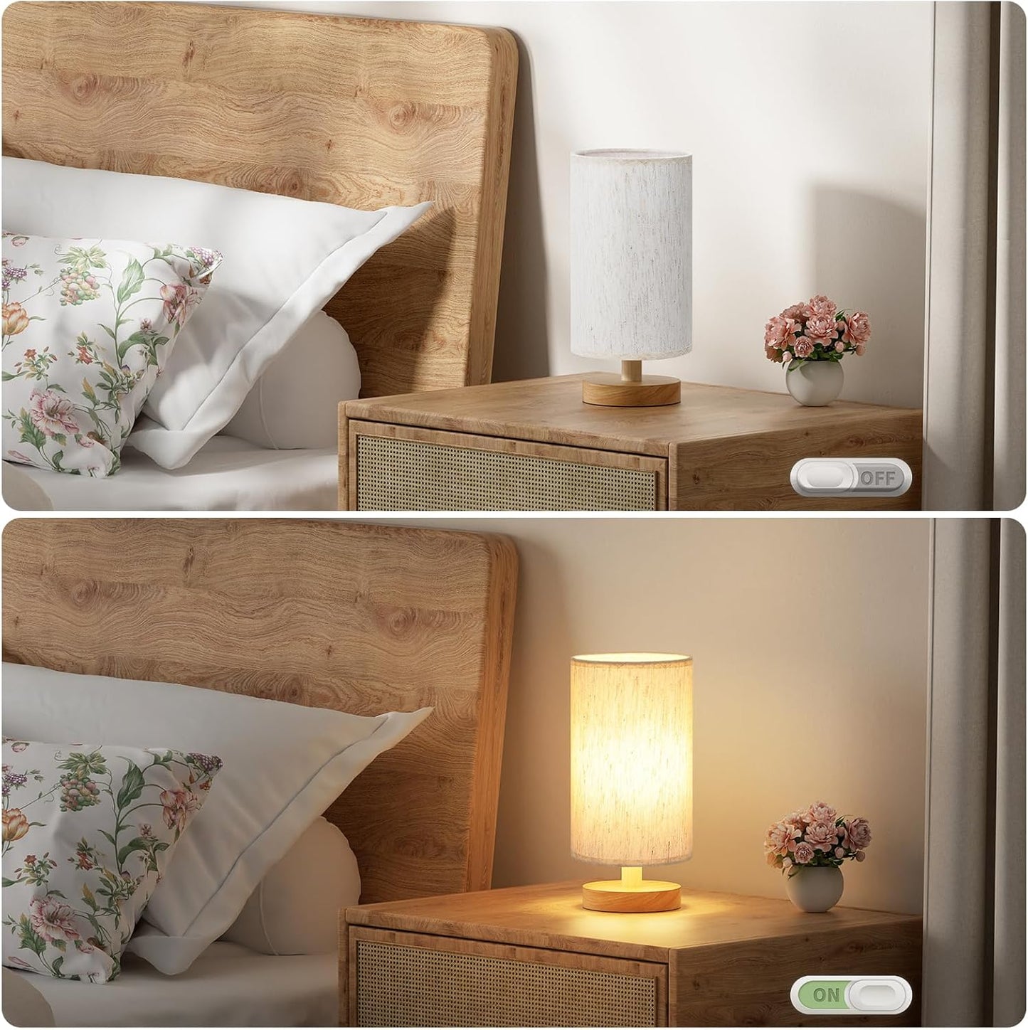 Fenmzee_Small_Table_Lamp_for_Bedroom_-_Inline_Control,_Bedside_Lamp_with_3000K_A15_LED_Blub,_Easy_Assembly_(Cream_Shade_-_Wood_Base,_9"_Inline_Control)