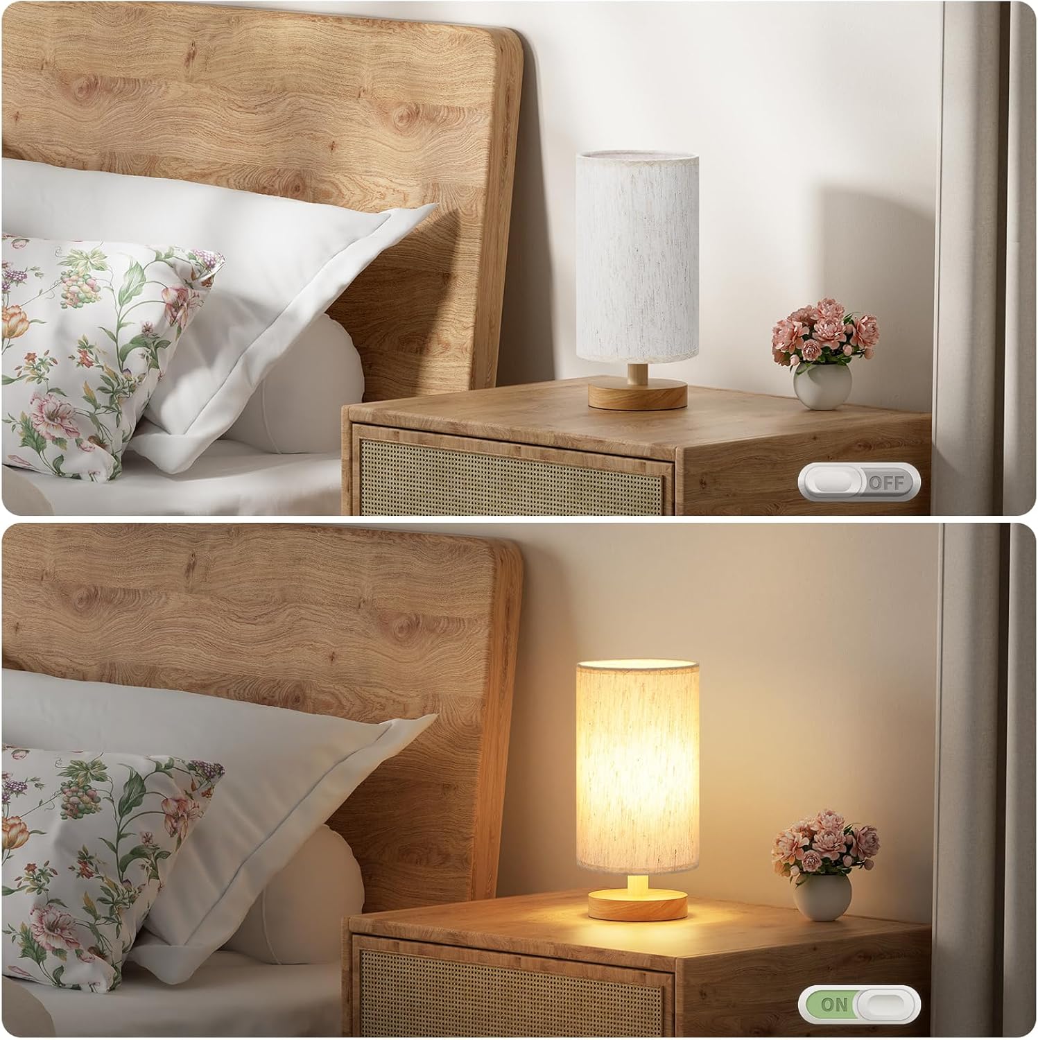 Fenmzee_Small_Table_Lamp_for_Bedroom_-_Inline_Control,_Bedside_Lamp_with_3000K_A15_LED_Blub,_Easy_Assembly_(Cream_Shade_-_Wood_Base,_9"_Inline_Control)