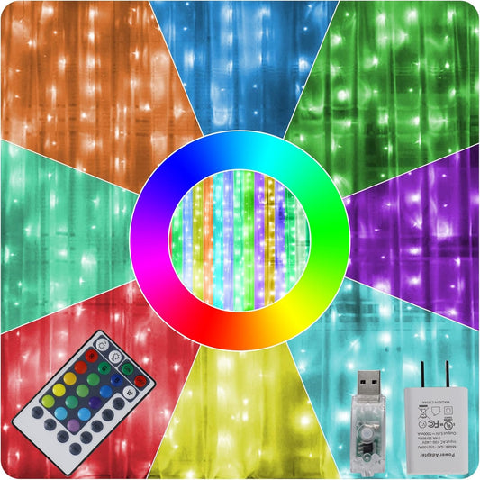 HOME_LIGHTING_Window_Curtain_String_Lights,_300_LED_RGB_16_Colors_Changing_Fairy_Lights,_4_Modes_with_Remote,_USB_&_Adapter_Powered_for_Halloween_Christmas_Party_Wedding_Home_Garden_Wall_Decorations