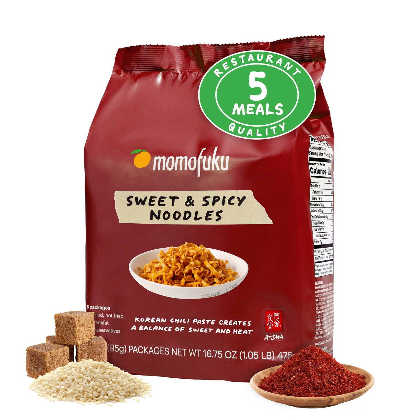Momofuku Sweet &amp;amp; Spicy Ramen Noodles by David Chang, 5 Count (Pack of 1) Air-Dried Vegan Instant Noodles with Sauce