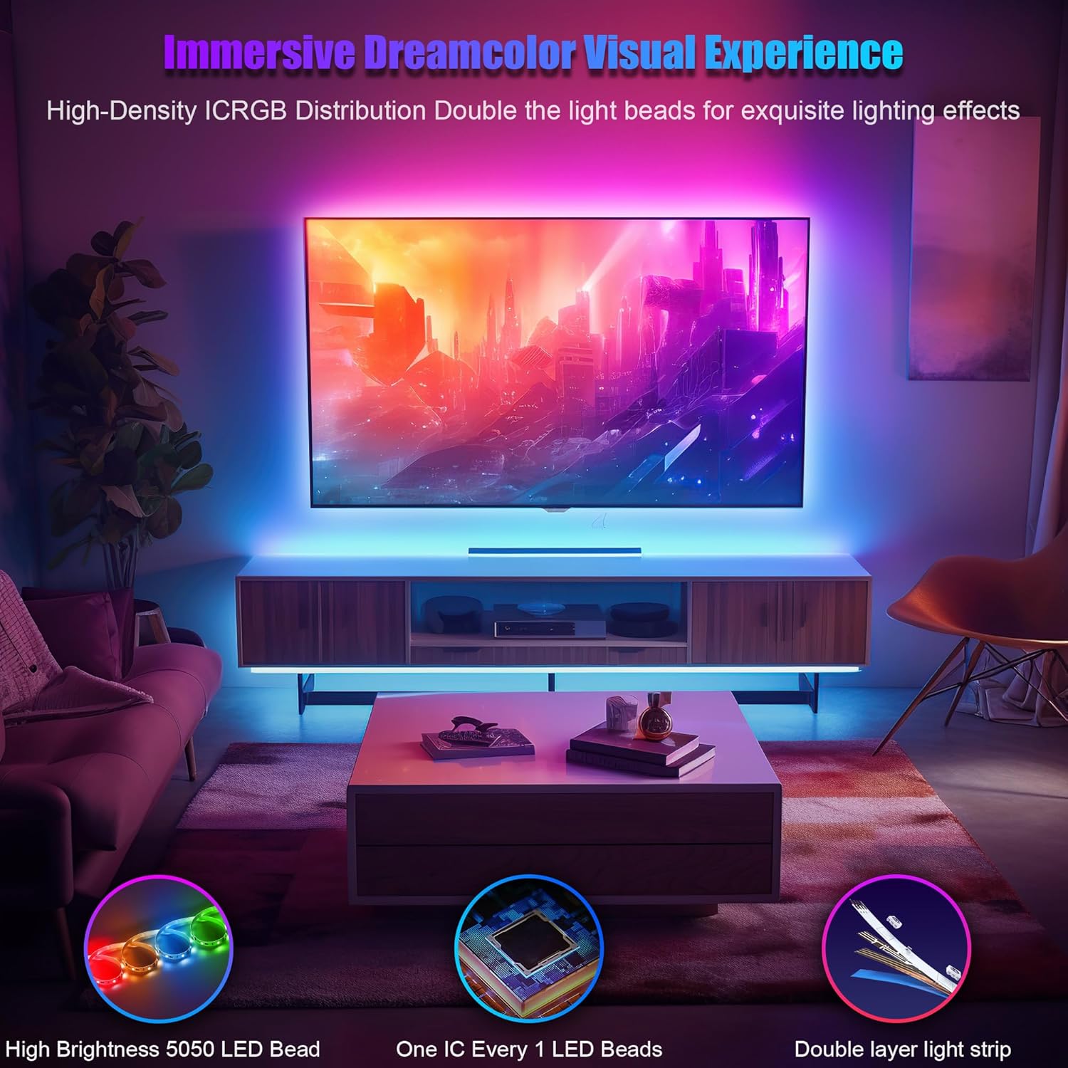 PANGTON_VILLA_LED_Lights_for_TV_40-100_Inch,_10FT/16.4FT/18FT_/24.6FT_ICRGB_TV_LED_Backlight_Kit_with_Bluetooth_APP_&_24_Keys_Remote,_Music_Sync_Lights_Behind,_USB_Cable_Powered,_Not_Waterproof