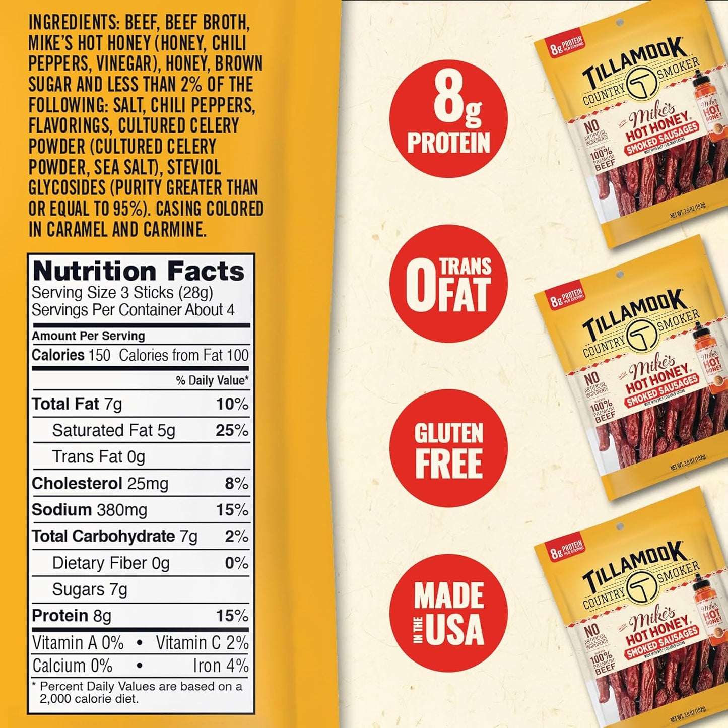 Tillamook_Country_Smoker_Beef_Smoked_Sausages,_Mike's_Hot_Honey,_3.6_Ounce,_Real_Hardwood_Smoked_Sausages,_Low_Carb,_High_Protein,_Ready_to_Eat_Sweet_&_Spicy_Snack