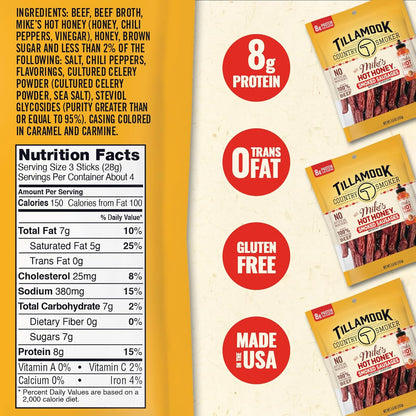 Tillamook_Country_Smoker_Beef_Smoked_Sausages,_Mike's_Hot_Honey,_3.6_Ounce,_Real_Hardwood_Smoked_Sausages,_Low_Carb,_High_Protein,_Ready_to_Eat_Sweet_&_Spicy_Snack