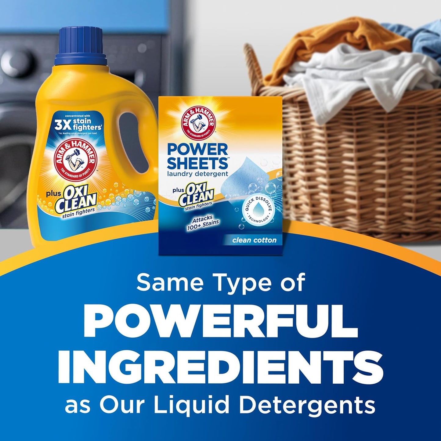 ARM_&_HAMMER_Power_Sheets_Laundry_Detergent_Plus_OxiClean_Stain_Fighters,_Clean_Cotton_Scent,_52_Count,_104_Medium_Loads