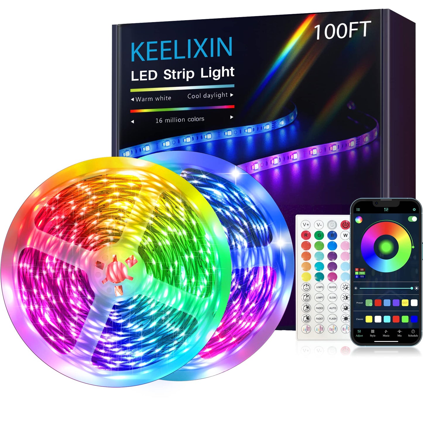 KEELIXIN LED Lights Music Sync RGB LED Strip Lights with APP &amp;amp; Remote Control (100ft)