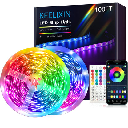 KEELIXIN LED Lights Music Sync RGB LED Strip Lights with APP &amp;amp; Remote Control (100ft)
