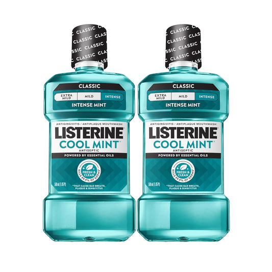 Listerine_Cool_Mint_Intense_Antiseptic_Mouthwash,_Daily_Oral_Rinse_Kills_99.9%_of_Germs_that_Cause_Bad_Breath,_Plaque_&_Gingivitis_for_a_Fresh,_Clean_Mouth,_Intense_Mint,_Convenience_Pack,_2_x_1_L