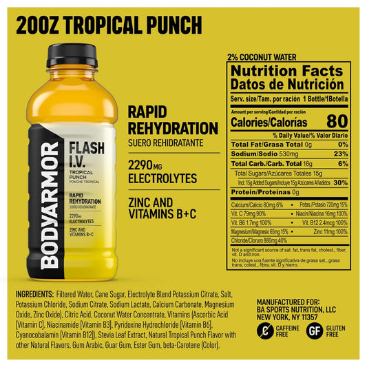 BODYARMOR_Flash_I.V._Electrolyte_Beverage,_Tropical_Punch,_Hydration_Drink_with_Coconut_Water_For_Rapid_Rehydration,_Post_Workout_Recovery,_20_Fl_Oz_(Pack_of_12)