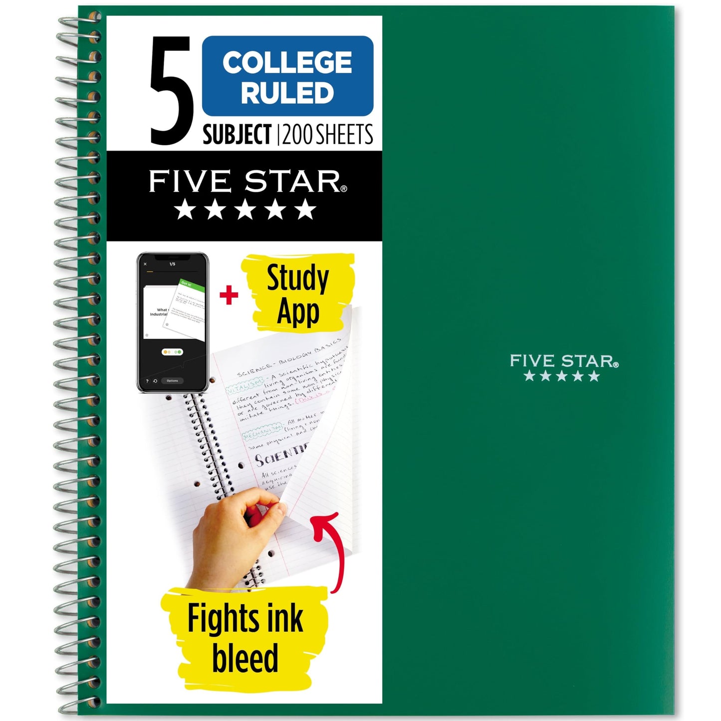 Five Star Spiral Notebook + Study App, 5 Subject, College Ruled Paper, 8-1/2&amp;#34; x 11&amp;#34;, 200 Sheets, Fights Ink Bleed, Water Resistant Cover, Forest Green (72079)