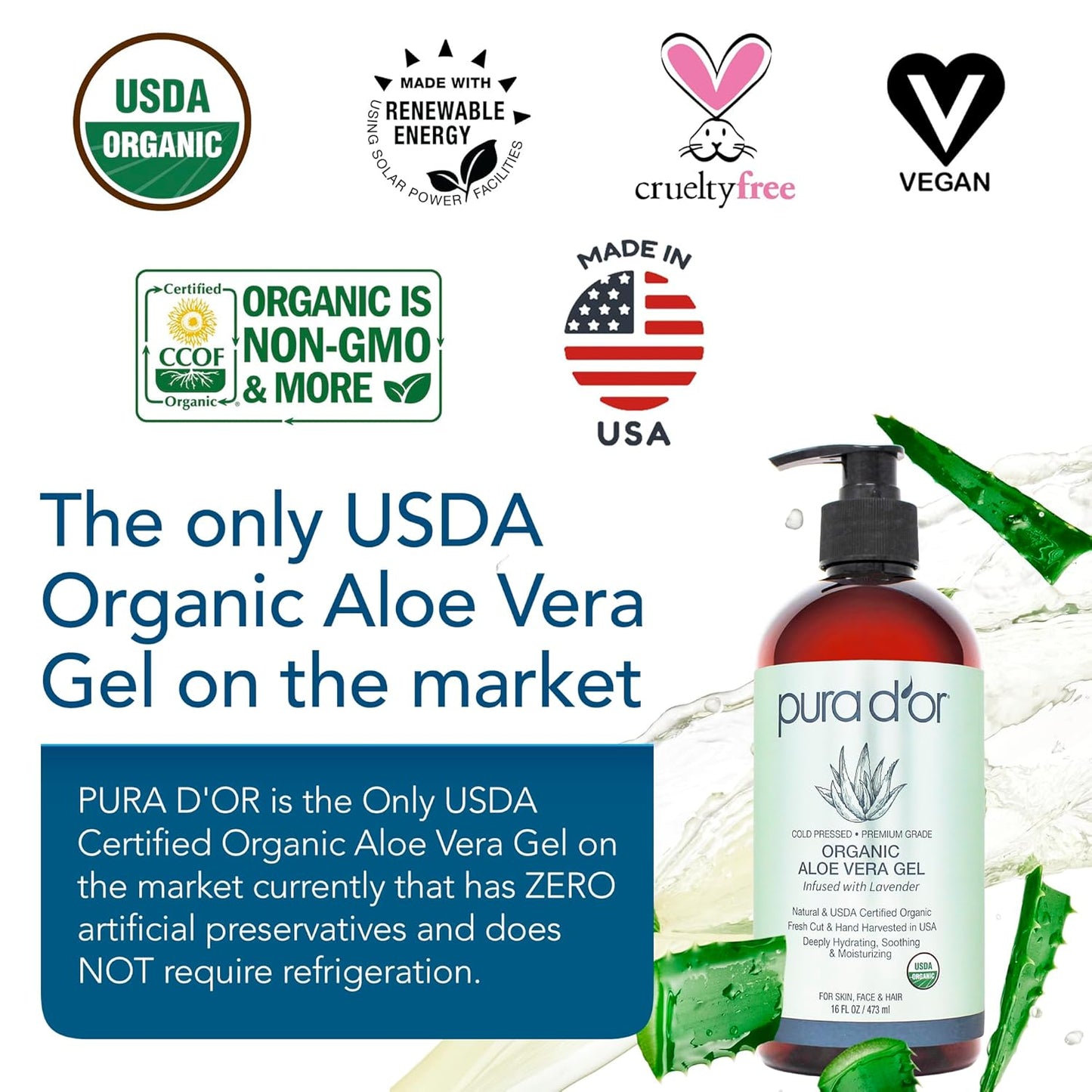 PURA_D'OR_16_Oz_ORGANIC_Aloe_Vera_Gel_-_Lavender_-_All_Natural_-_ZERO_Artificial_Preservatives_-_Deeply_Hydrating_&_Moisturizing_-_Sunburn,_Bug_Bites,_Rashes,_Small_Cuts,_Eczema_Relief_-_Skin_&_Hair