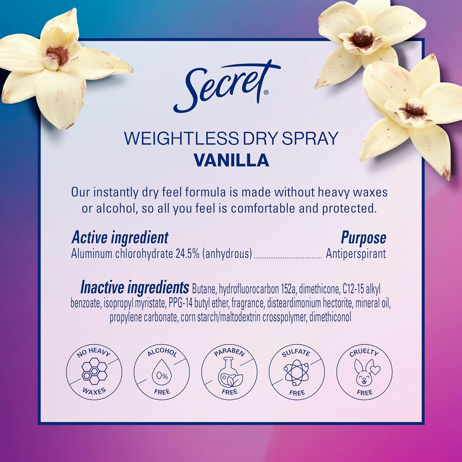Secret_Dry_Spray_Antiperspirant_Deodorant_for_Women,_48hr_Weightless_Sweat_&_Odor_Protection,_Gentle_on_Skin,_Cozy_Vanilla_Scent,_4.1_oz_(Pack_of_3)