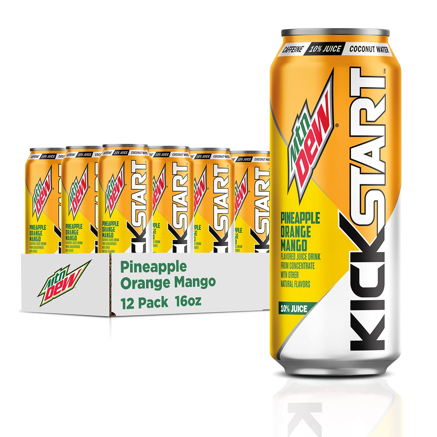 Mountain Dew Kickstart, Pineapple Orange Mango, 90mg Caffeine, Vitamins B &amp;amp; C, 80 Calories, 10% Juice, 16 fl oz (Pack of 12)