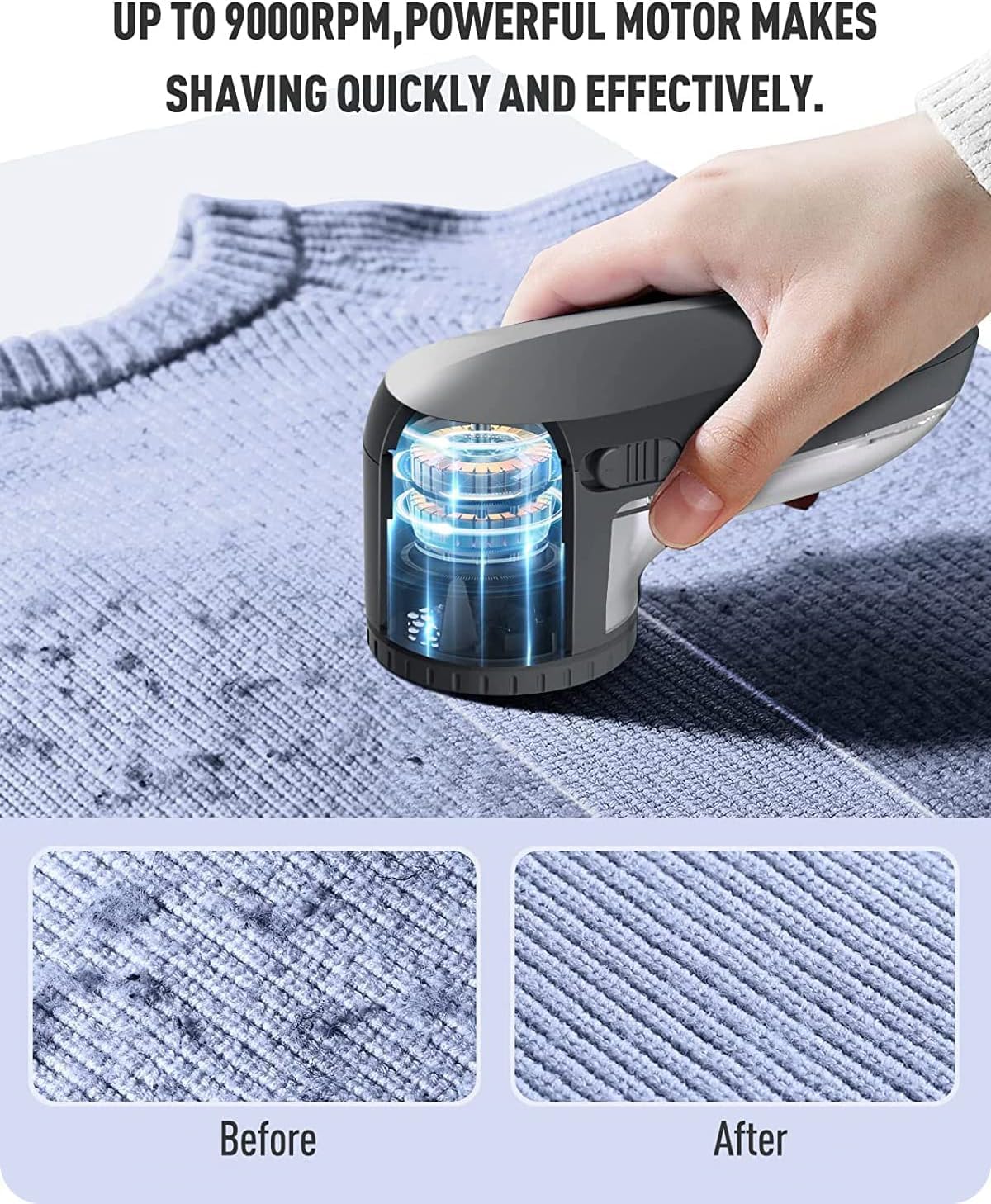 Ruidla Fabric Shaver Lint Shaver Defuzzer, Electric Lint Remover, Rechargeable Sweater Shaver with Replaceable Stainless Steel 3-Leaf Blades, Dual Protection, Removable Bin