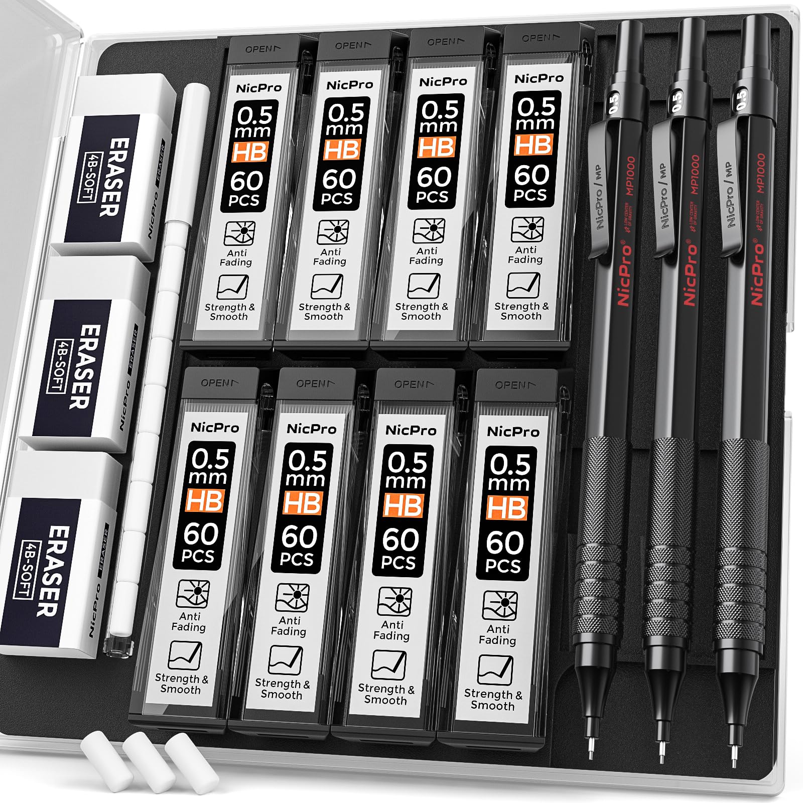 Nicpro 0.5 mm Mechanical Pencils Set with Case, 3 Metal Artist Pencil With 480PCS HB Lead Refills, 3 Erasers,9 Eraser Refills For Architect Art Writing Drafting, Drawing, Engineering, Sketching, Black